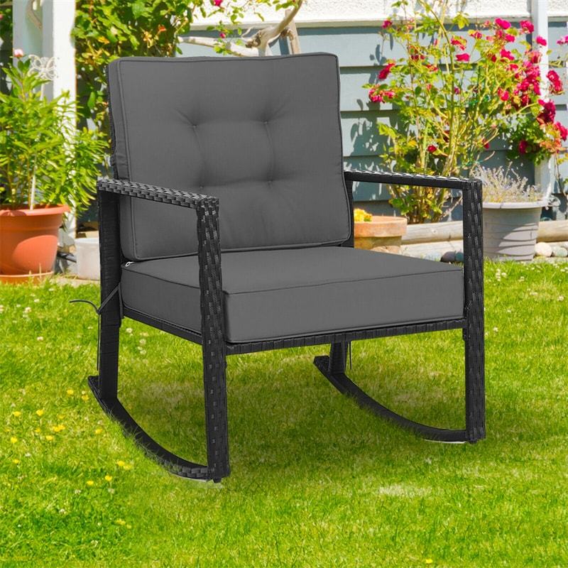Rattan Patio Rocking Chair Wicker Outdoor Glider Rocker with Cushion