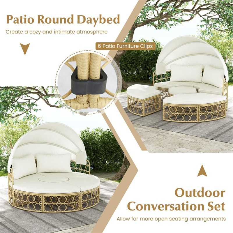 Outdoor Patio Round Daybed with Retractable Canopy, PE Rattan Wicker Sectional Seating Furniture with Soft Cushions & Pillows for Garden Yard