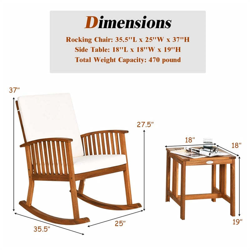 2-Piece Acacia Wood Rocking Bistro Set, Outdoor Rocking Chair with Coffee Table & Detachable Cushions for Patio, Backyard, Porch & Indoors