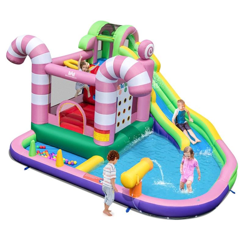 9-in-1 Inflatable Water Slide Bounce House Sweet Candy Bouncy Castle Water Park Pool with Slide, Climbing Wall & Tic-Tac-Toe for Kids Indoor Outdoor Fun