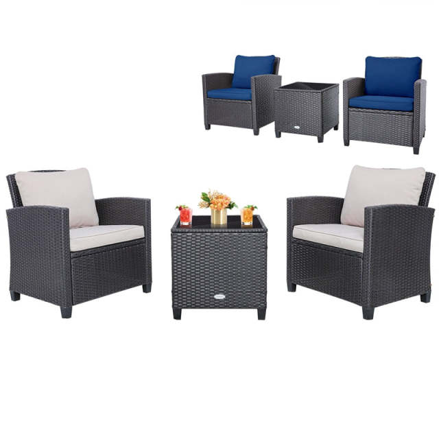 3 Piece Rattan Patio Conversation Furniture Set, Outdoor Wicker Sofa Chair Set with Coffee Table, Washable Cushions & 2-Set Covers