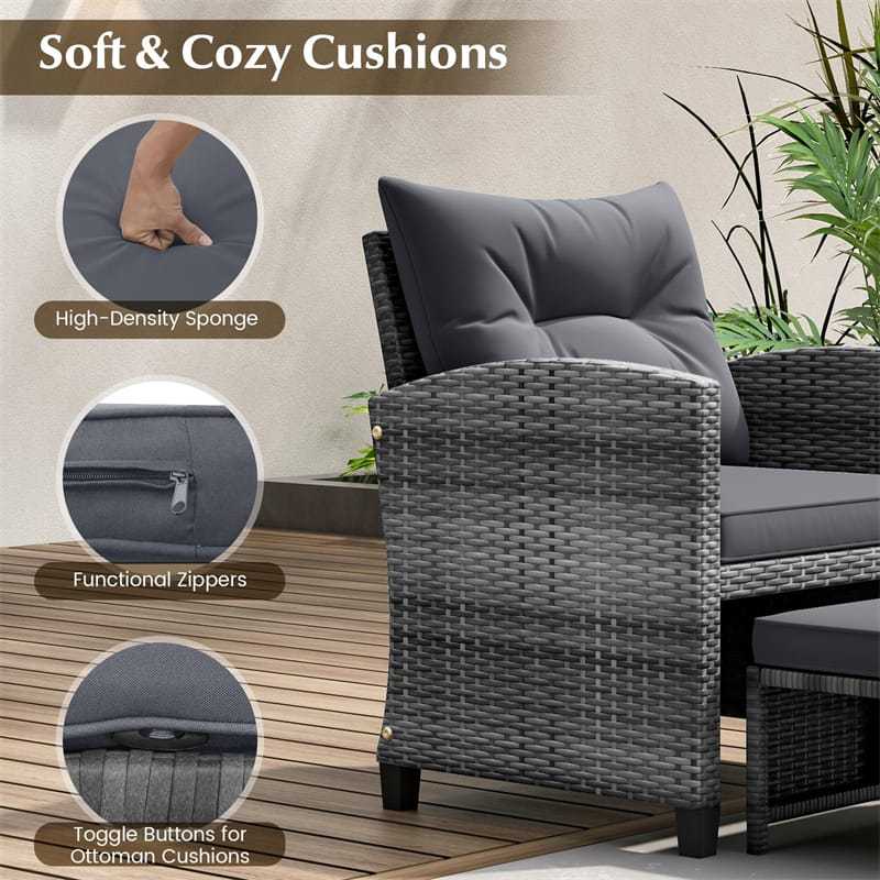 5 Piece Patio Rattan Furniture Set Wicker Cushioned Chairs Set with 2 Ottomans, Tempered Glass Coffee Table, Lawn Garden Sectional Conversation Set
