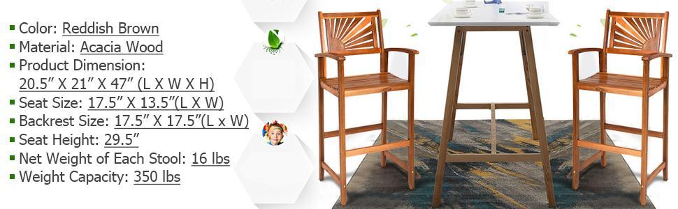 Outdoor Acacia Wood Bar Chairs Set of 2 with Sunflower Backrest and Armrests