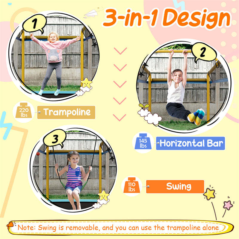 6FT Rectangle Kids Trampoline with Enclosure Net, Horizontal Bar & Swing, ASTM Approved Recreational Mini Trampoline for Toddler Indoor Outdoor