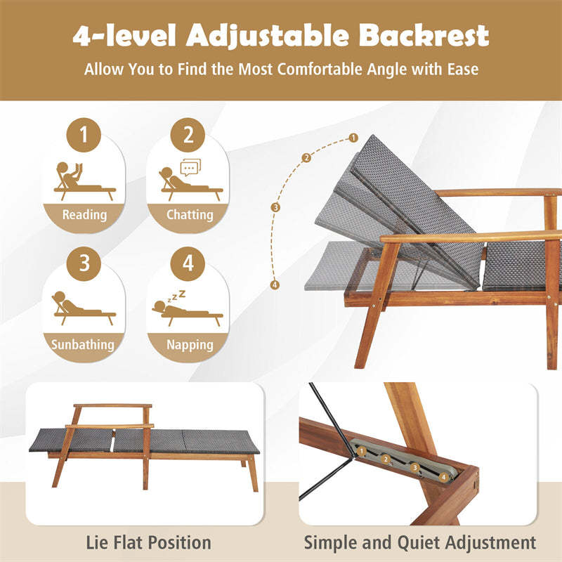 2-Piece Outdoor Wicker Chaise Lounge & Table Set 4-Position Adjustable Patio Recliner Chair with Folding Side Table & Acacia Frame