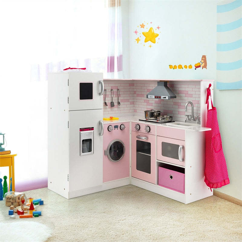 Pink Kids Corner Kitchen Playset, Wooden Pretend Play Kitchen Toy Set with Lights, Washer, Range Hood, Microwave, Oven, Utensils, Apron & Chef Hat