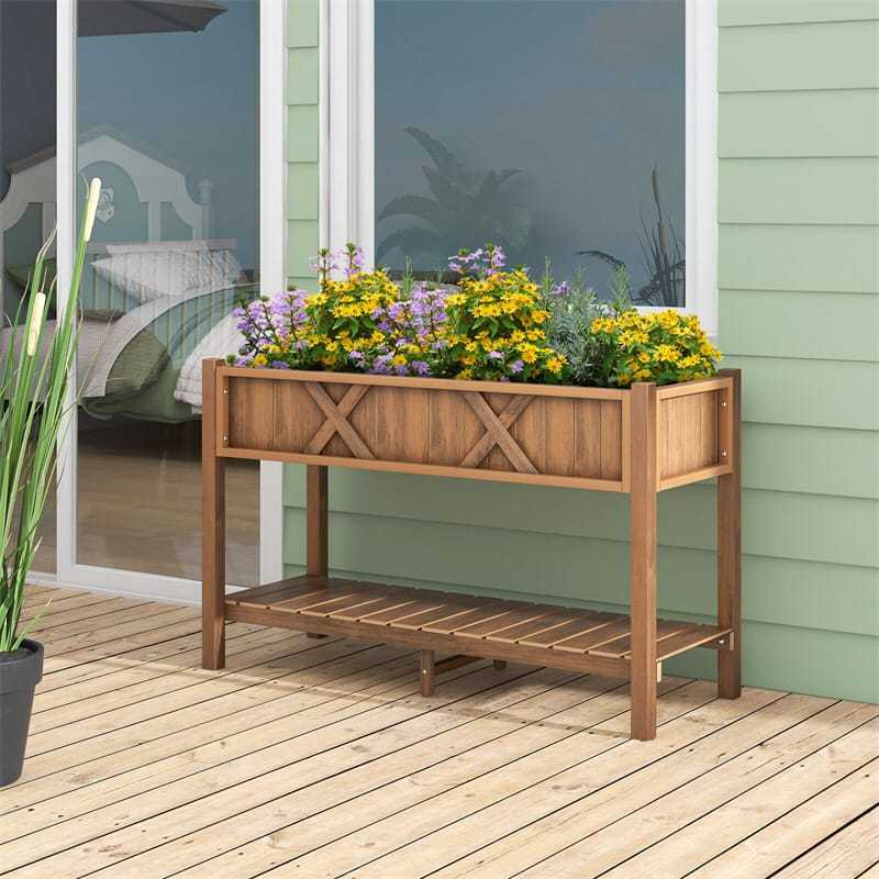 44" HIPS Raised Garden Bed with Legs, Storage Shelf & Drainage Holes, Weatherproof Elevated Planter Box for Backyard, Balcony, Flowers, Herbs