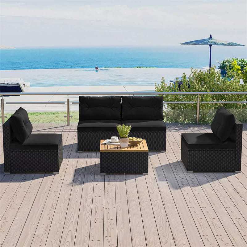 5 Piece PE Rattan Patio Sofa Set with Acacia Wood Top Coffee Table, Seat & Back Cushions, Wicker Outdoor Sectional Furniture for Backyard Garden