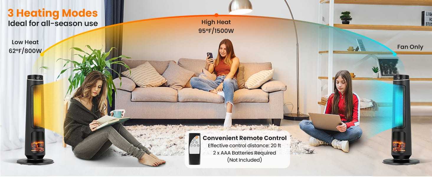 1500W Electric Space Heater, 30" PTC Ceramic Tower Heater with 3D Flame, Remote Control & 80° Oscillating for Large Rooms, Living Room, Bedroom