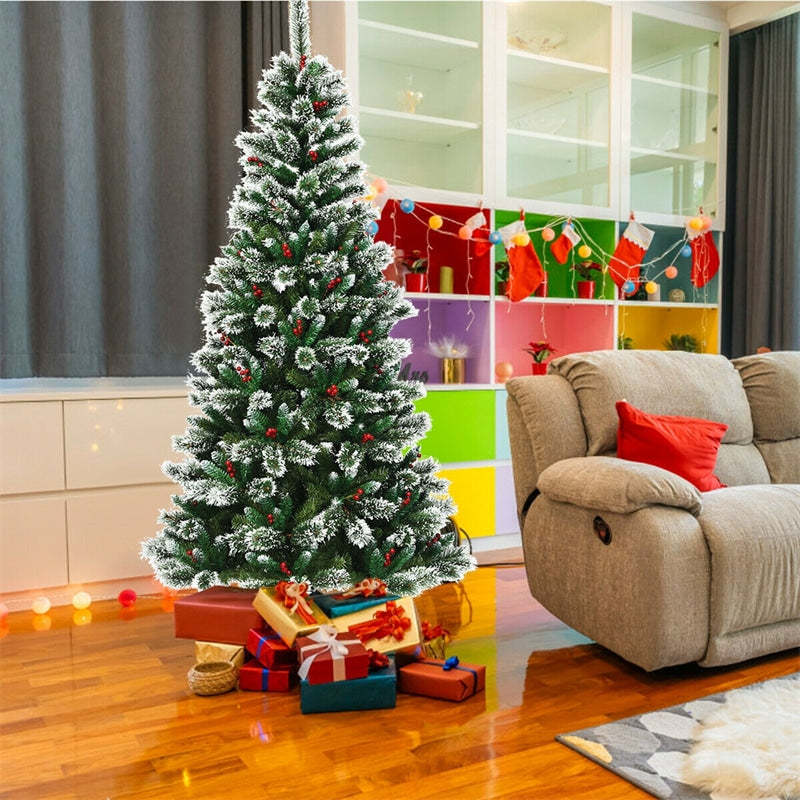 7ft Snow Flocked Higned Artificial Pencil Christmas Tree with Red Berries