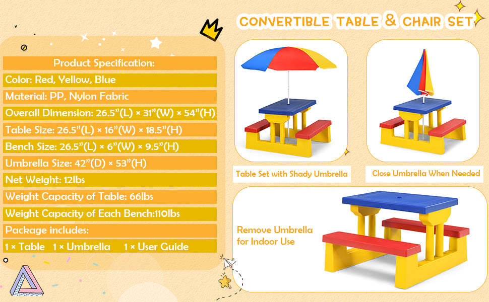 Portable Kids Picnic Table Bench Set Indoor & Outdoor Table Chair Set with Removable Umbrella