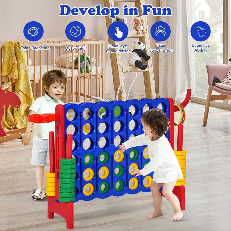Giant 4-in-A-Row Game Set, Jumbo 4-to-Score Lawn Game with Basketball Hoop, 42 Rings, Quick-Release Slider for Kids & Adults, Indoors Outdoors