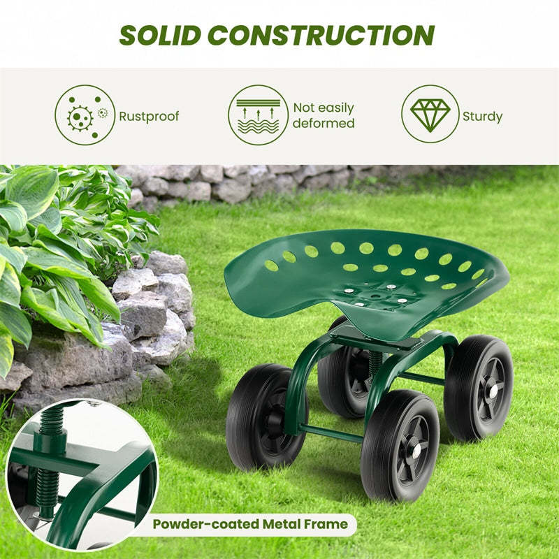 Heavy Duty Garden Cart with 360° Swivel Seat & Wheels, Height Adjustable Rolling Gardening Seat Utility Stool Cart Garden Scooter for Planting