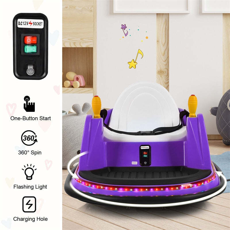Kids Bumper Car, 12V Battery-Powered Electric Ride-On Bumper Car with 360° Spin, Dual Joysticks, Remote Control & Flashing Lights for Ages 2-5