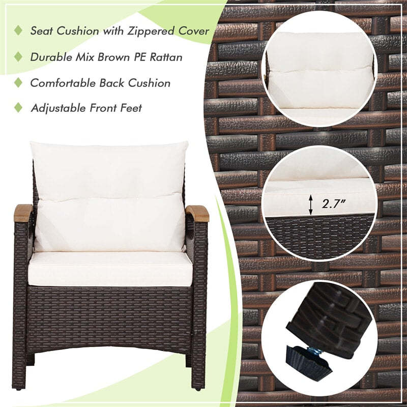 3PCS Patio Rattan Conversation Set Wicker Furniture Set with Acacia Wood Armrest Table Top & Cushions