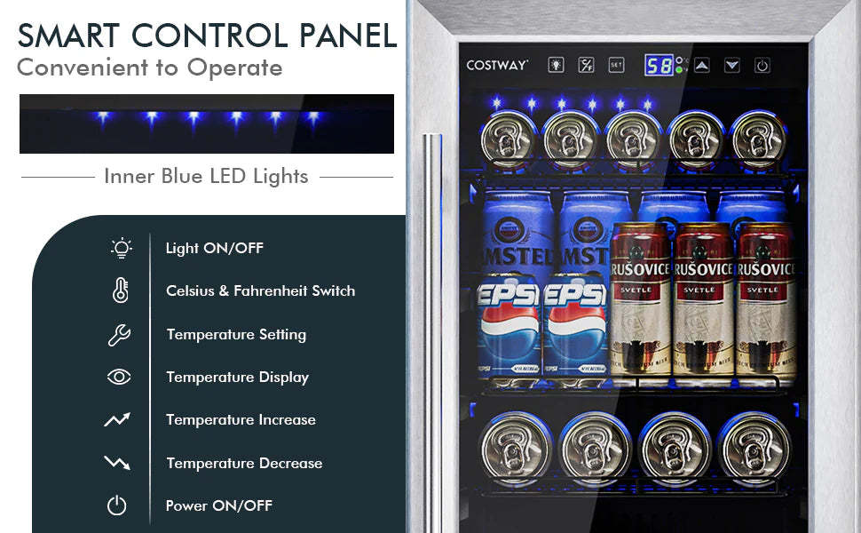 15" Beverage Refrigerator 100-Can Wine Beer Cooler Built-In/Freestanding Mini Drink Fridge with Glass Door & Removable Shelves