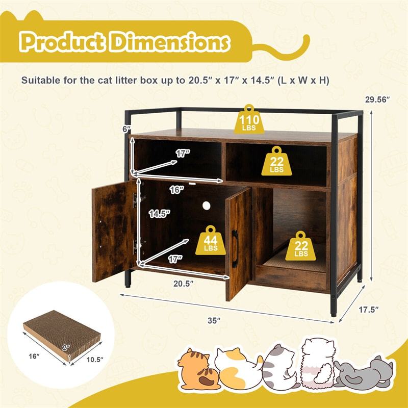 Large Cat Litter Box Enclosure 2-Door Wood Hidden Cat Washroom Furniture with Winding Entry, Scratcher & 2 Compartments