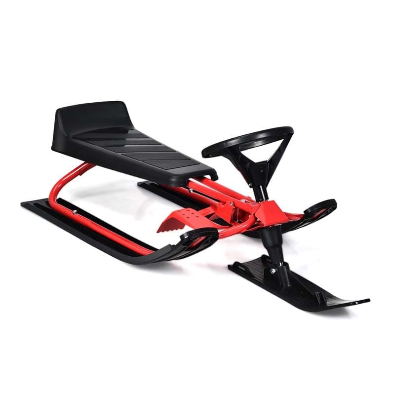 Kids Ski Board Snow Racer Sled with Steering Wheel and Double Brakes Pull Rope