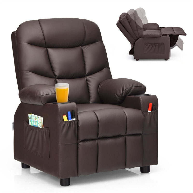 Kids Recliner Chair, Adjustable Velvet Recliner with Footrest, 2 Cup Holders & Side Pockets, Ergonomic Toddler Recliner Sofa for Boys Girls Room
