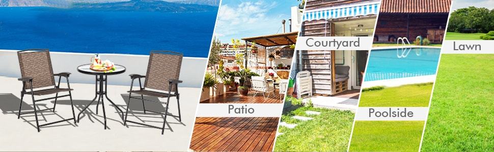 Bestoutdor 3PCS Patio Bistro Set Outdoor Folding Chairs with Round Tempered Glass Table, All Weather Garden Furniture for Poolside Yard