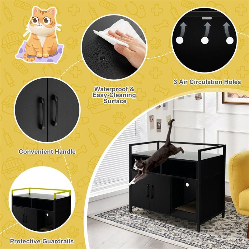 Large Cat Litter Box Enclosure 2-Door Cat Washroom Cabinet Wood Hidden Cat House with Winding Entry, Scratcher & 2 Compartments