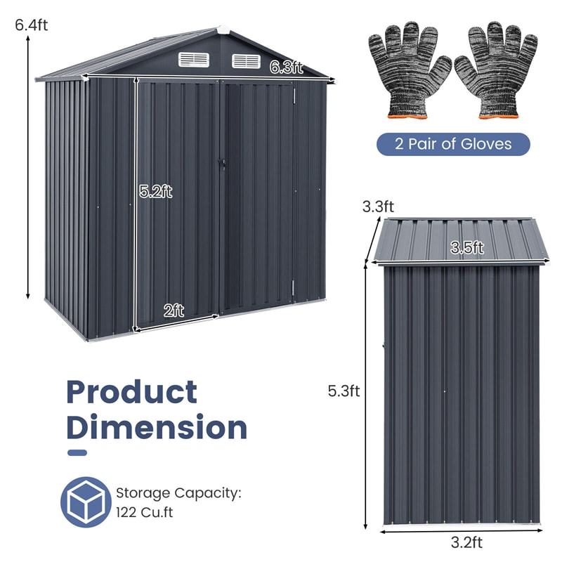 6.3' x 3.5' Outdoor Metal Storage Shed, Galvanized Steel Utility Tool Storage House Waterproof Garden Shed with 4 Vents Lockable Doors