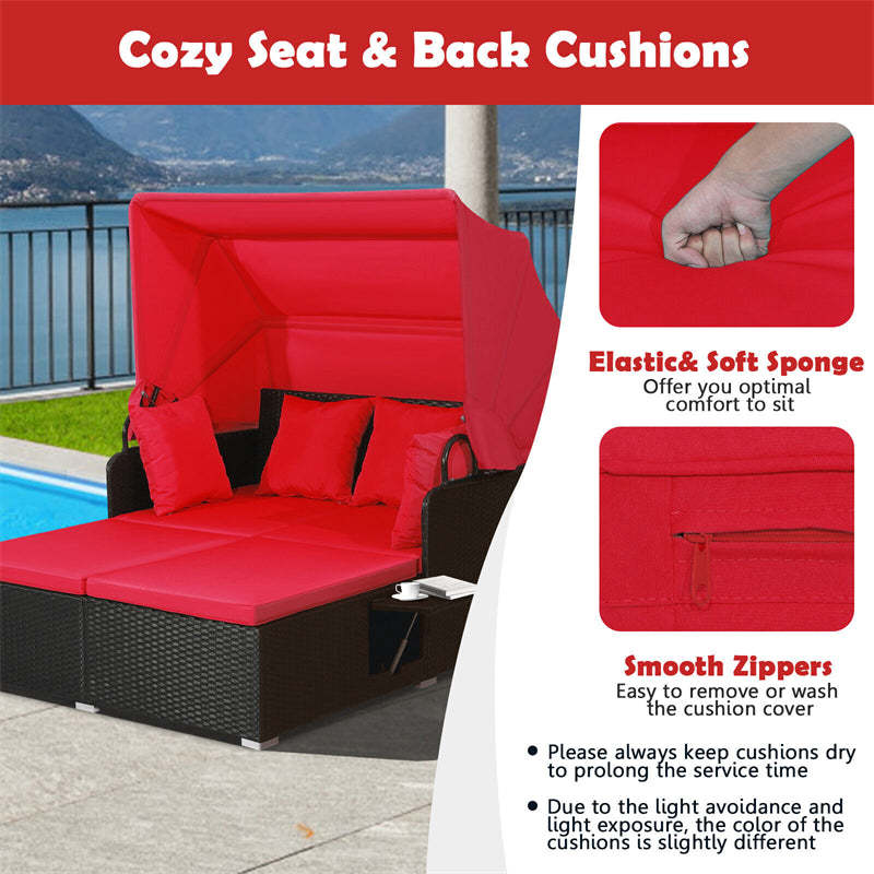 Outdoor Wicker Daybed, Hand-Woven Rattan Daybed with Retractable Canopy, 2 Side Tables, Soft Cushions, Chaise Loveseat for Garden Backyard