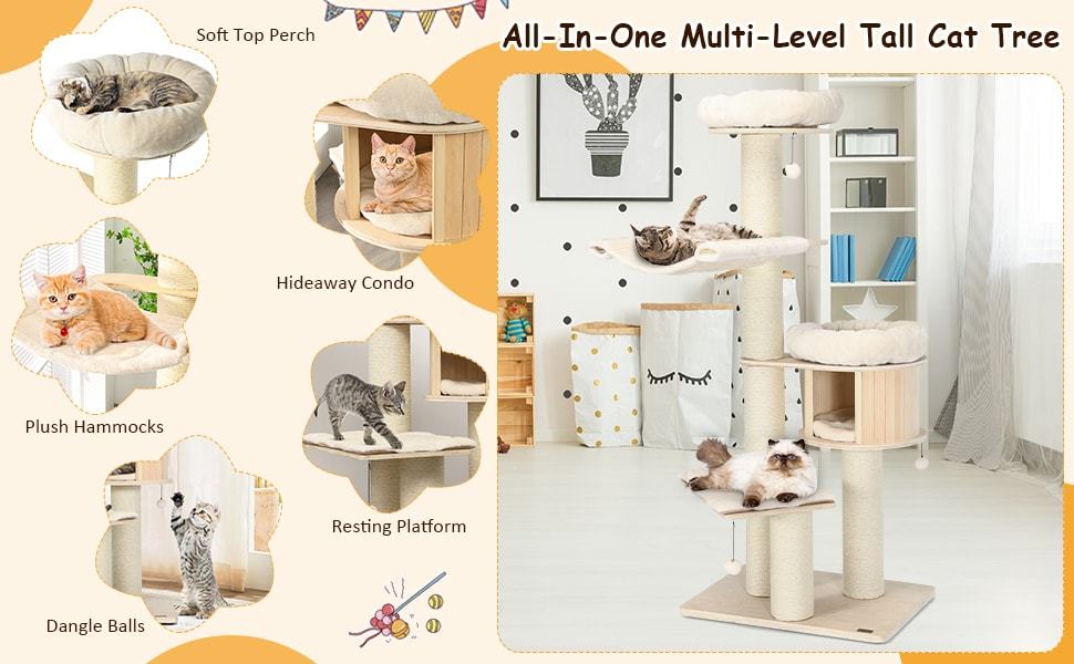 68.5" Tall Modern Cat Tree Condo 4-Level Large Wooden Cat Tower with Sisal Posts & Cushioned Hammock for Kitten Activity