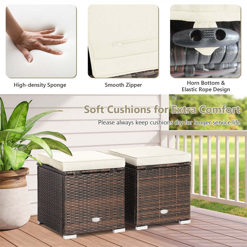 2PCS Wicker Patio Ottomans Hand-Woven PE Rattan Multipurpose Outdoor Footstool Side Table with Removable Cushions & Hidden Storage Box