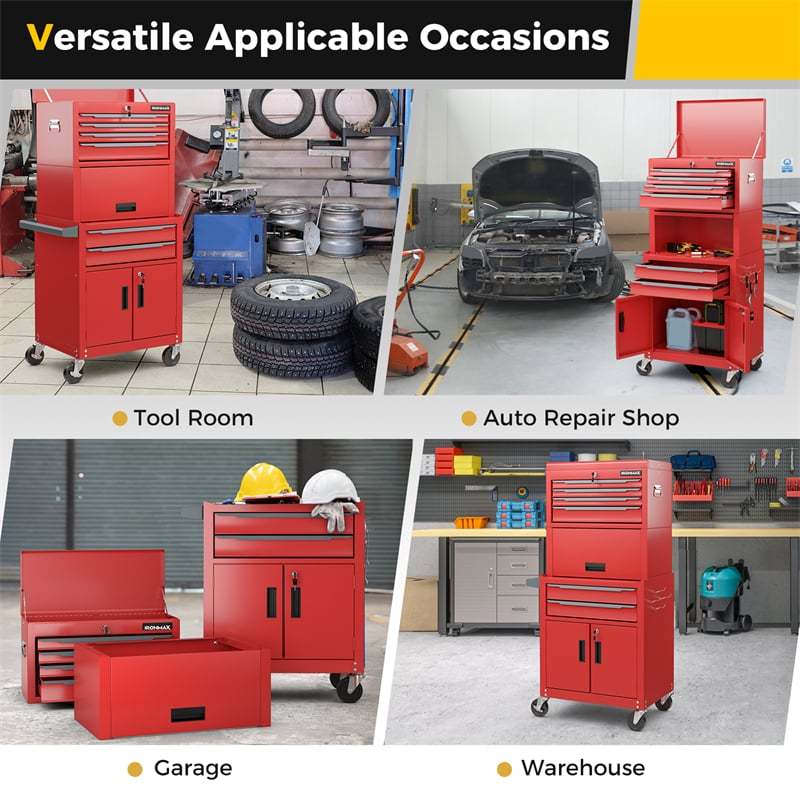 6 Drawer Rolling Tool Chest, 3-in-1 Extra Large Tool Storage Cabinet with Lockable Wheels & Auto Lock, Heavy-Duty Tool Box for Garage, Workshop