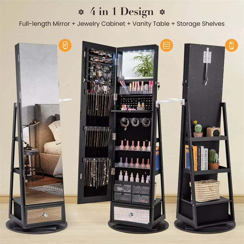 360° Swivel Jewelry Cabinet Armoire, Full-Length Mirror with LED Lockable Jewelry Organizer, Hairdryer Holder, Drawer, Rear Storage Shelves