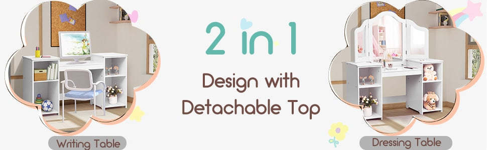 2-in-1 Kids Vanity Table Set Makeup Dressing Table with Tri-fold Mirror Detachable Top & Storage Shelves