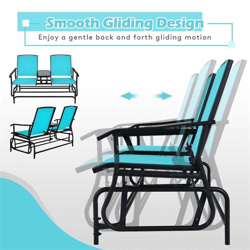 2-Person Outdoor Glider Chair with Center Tempered Glass Table, Steel Frame & Breathable Mesh, Patio Rocking Bench for Porch Garden Poolside