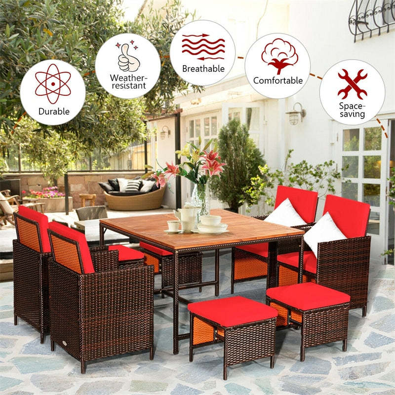 9-Piece Acacia Wood Rattan Patio Dining Set w/Cushioned Chairs, Ottomans & Umbrella Hole, Space Saving Outdoor Furniture for Backyard Garden