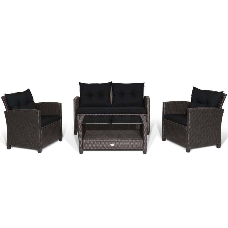4 Piece Outdoor Rattan Furniture Set, Patio Conversation Set with Lower Shelf Coffee Table, Loveseat, 2 Cushioned Chairs for Garden Backyard