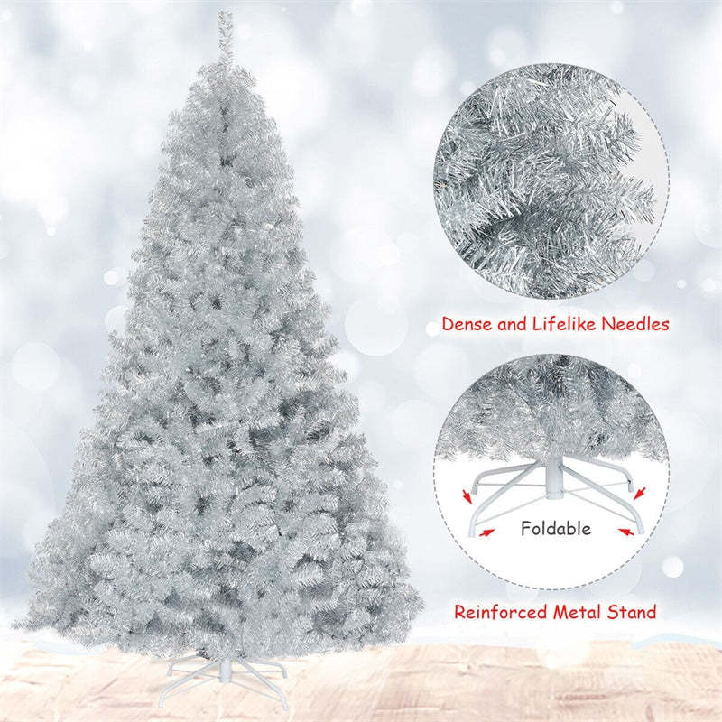 7.5Ft Unlit Artificial Christmas Tree Spruce Hinged Silver Tinsel Tree with Metal Stand
