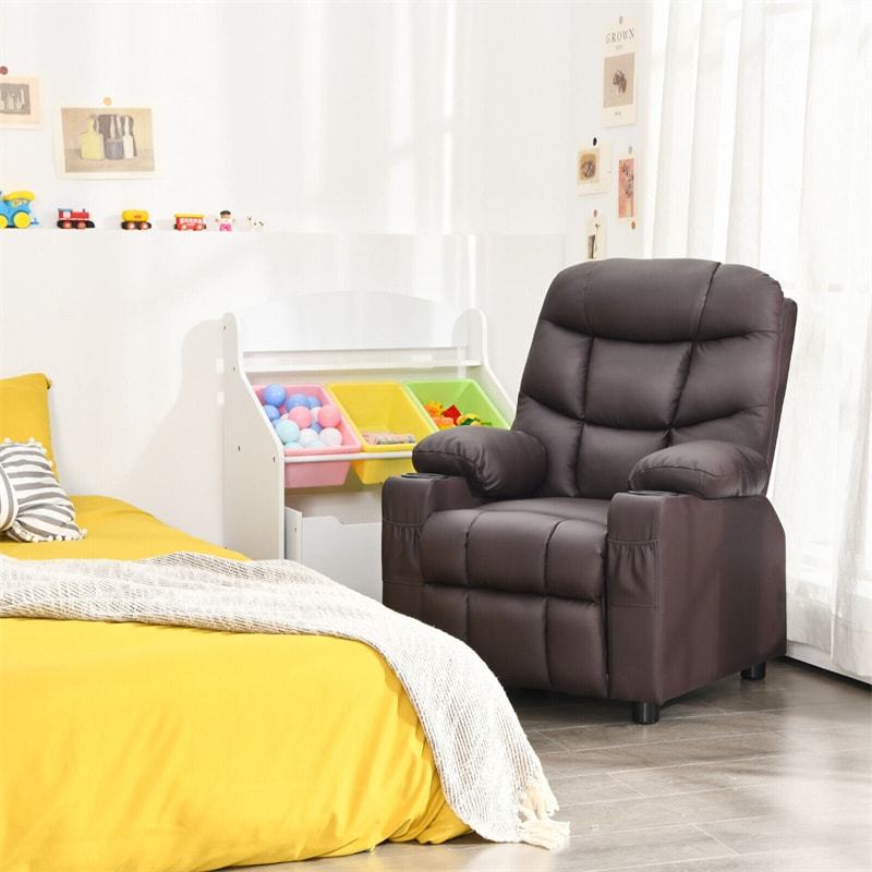 Kids Recliner Chair, Adjustable Velvet Recliner with Footrest, 2 Cup Holders & Side Pockets, Ergonomic Toddler Recliner Sofa for Boys Girls Room