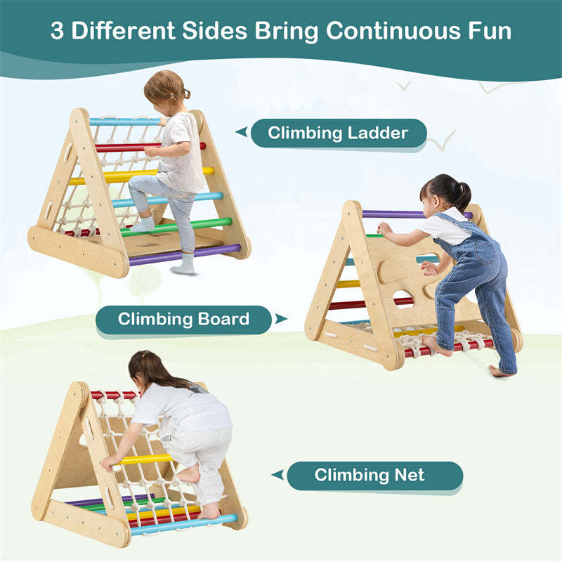 3-Side Wooden Triangle Climber with Slide Ramp, Climbing Net & Board, 4-in-1 Pikler Triangle Ladder Montessori Climbing Toys for Toddlers