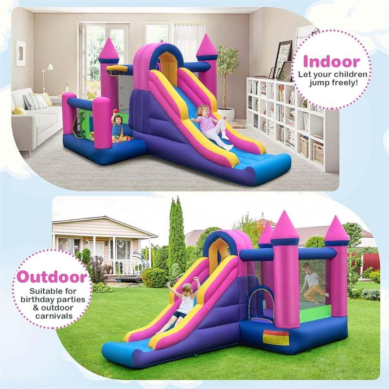 Inflatable Bounce House 7-in-1 Jumping Bouncy Castle with Long Slide, Ball Pit & 735W Blower for Kids Indoor Outdoor Backyard Party