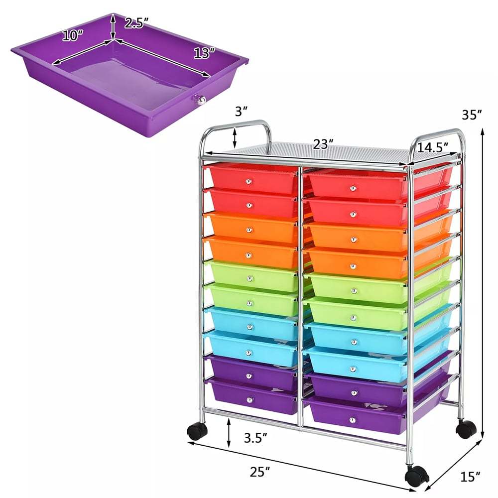 Storage Drawer Cart, 20-Drawer Rolling Cart Organizer with Lockable Wheels, Mobile Utility Cart for Office School Art Craft Supplies