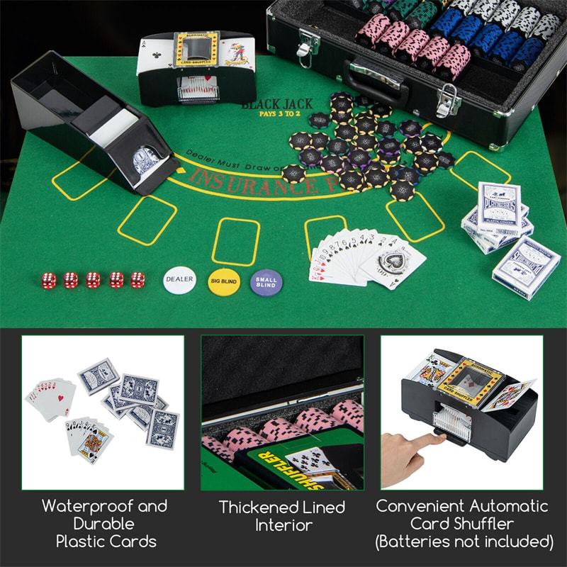 600-Piece Poker Chips Set, 14 Gram Clay Poker Chips with Carrying Case, Automatic Card Shuffler & 6 Decks Cards for Texas Holdem, Home Casino Games