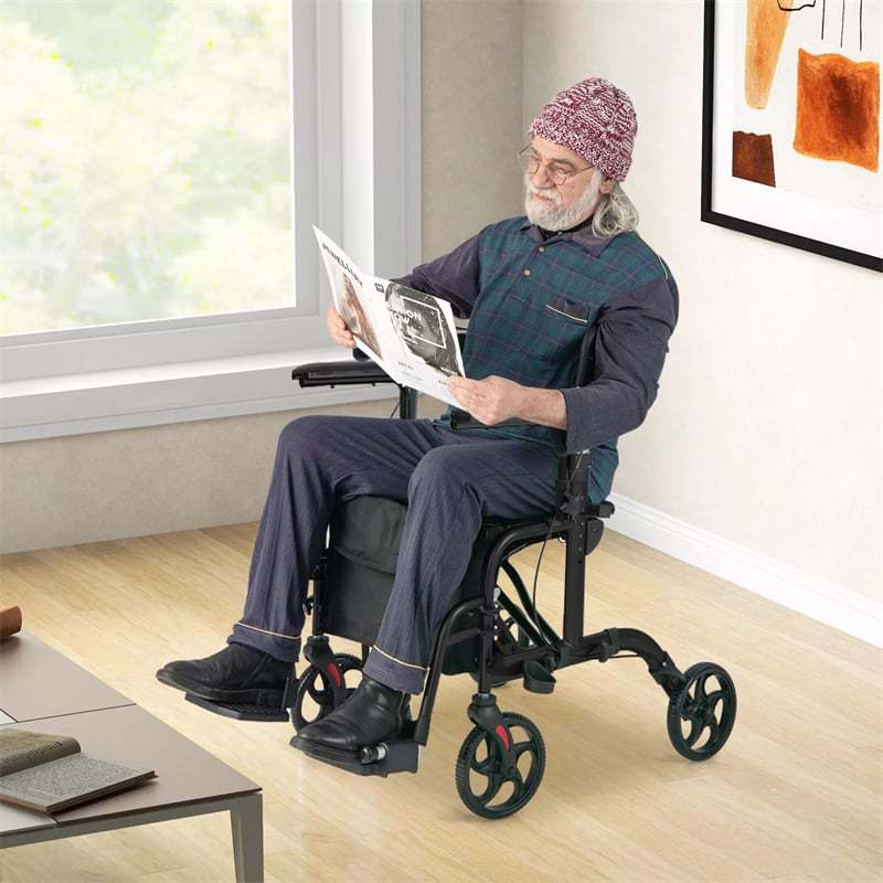 2-in-1 Folding Rollator Walker Wheelchair Combo with Backrest & Adjustable Height, 300lbs Aluminum Mobility Walking Aid for Seniors/Adults