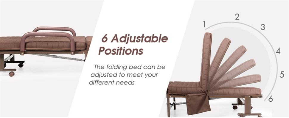 Folding Bed with Mattress, Portable Rollaway Guest Bed with Lockable Wheels, 6-position Adjustable Backrest & Side Storage Pocket, 660 LBS