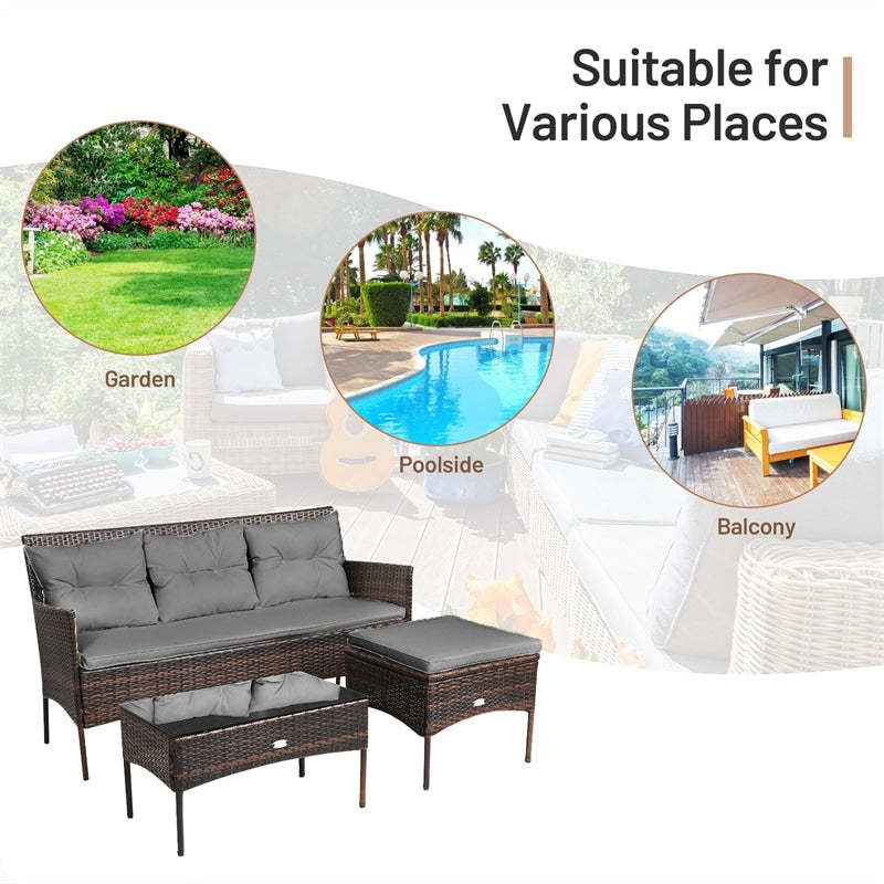 3 PCS Rattan Patio Conversation Set Outdoor Furniture Set w/Cushions