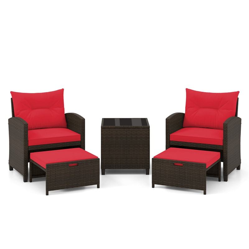 5-Piece Patio Rattan Furniture Set, Cushioned Wicker Chairs with 2 Ottomans & Glass Coffee Table, Outdoor Sectional for Porch Backyard Poolside