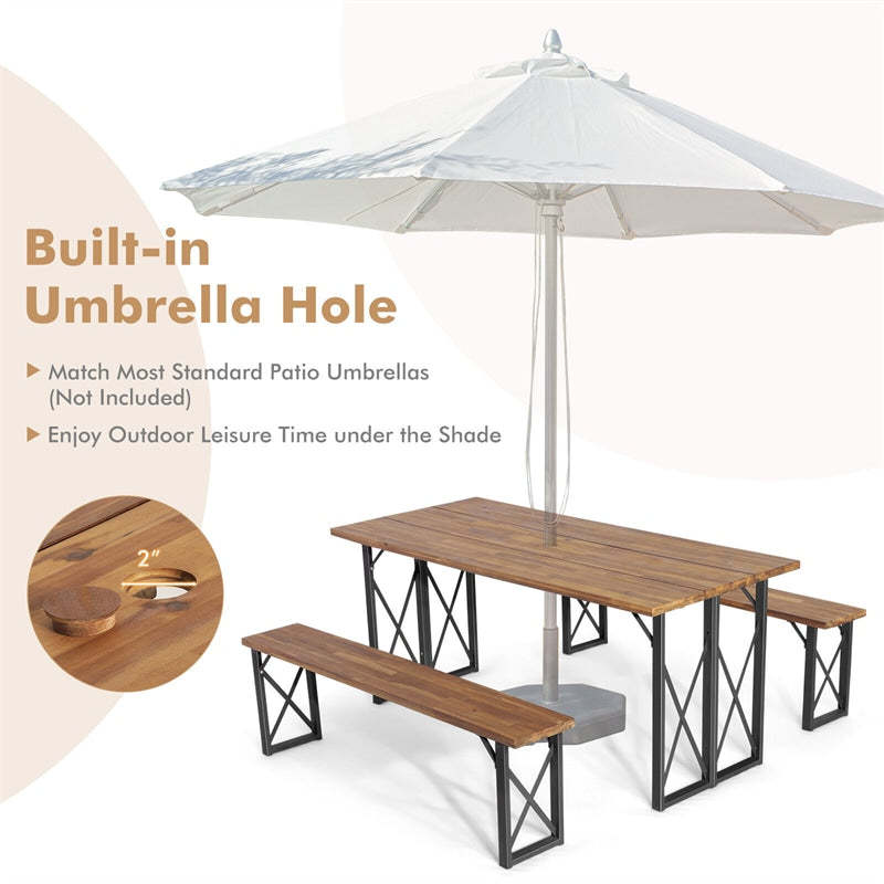 3 PCS Acacia Wood Outdoor Picnic Table Bench Set 67” Rectangular Patio Dining Table with Umbrella Hole