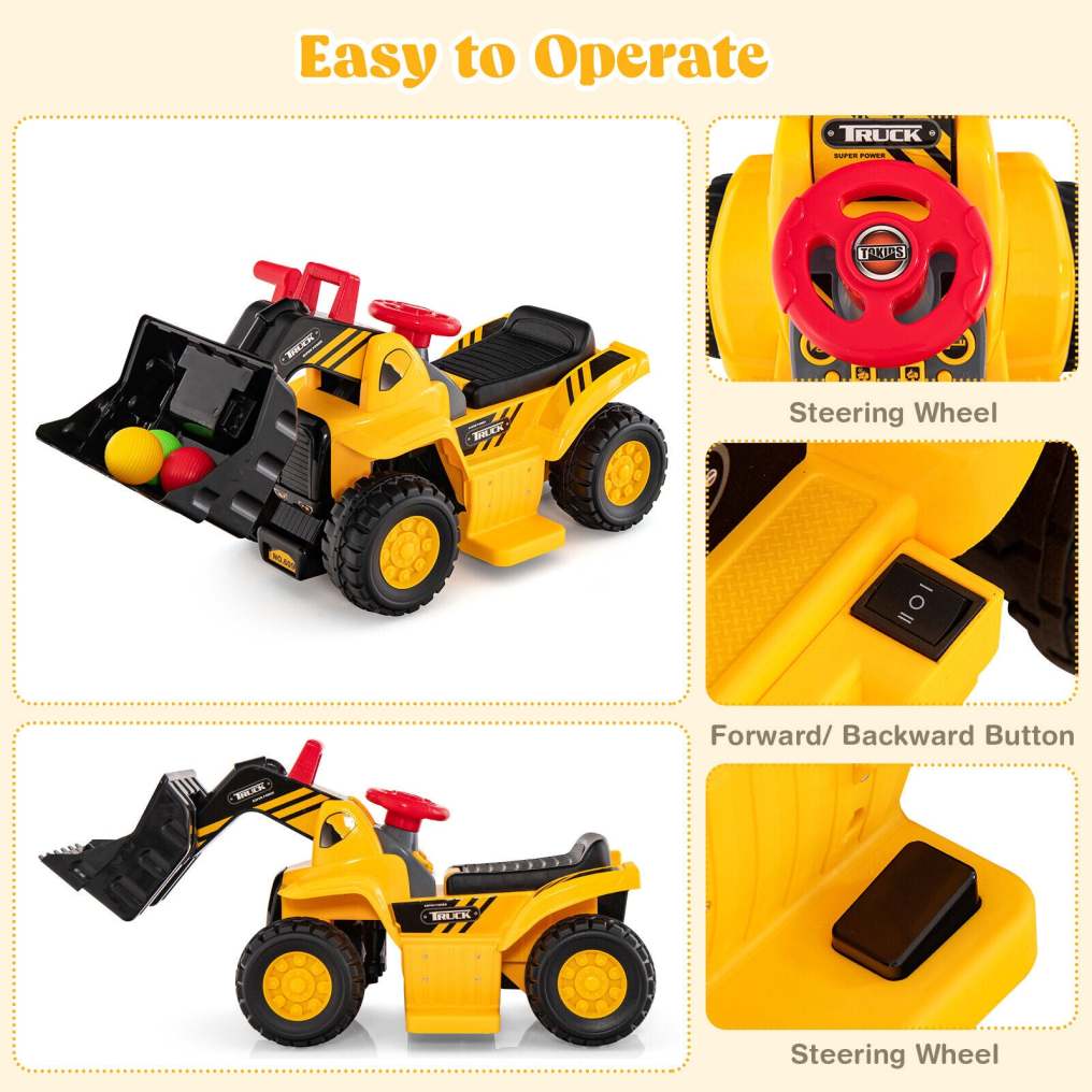 6V Electric Kids Ride On Bulldozer Excavator Construction Vehicle Outdoor Digger Scoop Pull Cart with Adjustable Loader Bucket & Underneath Storage