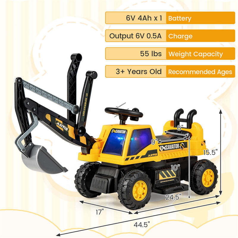 Kids Ride On Excavator 6V Battery Powered Ride On Bulldozer Loader Digger Toy Car Construction Vehicle with Under Seat Storage & Lights