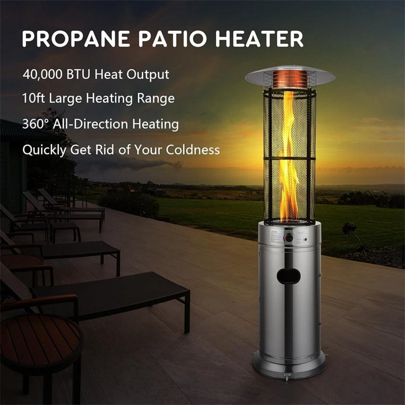 40,000 BTU Propane Patio Heater, Stainless Steel Round Glass Tube Standing Outdoor Gas Heater with Wheels for Balcony, Backyard, Garden