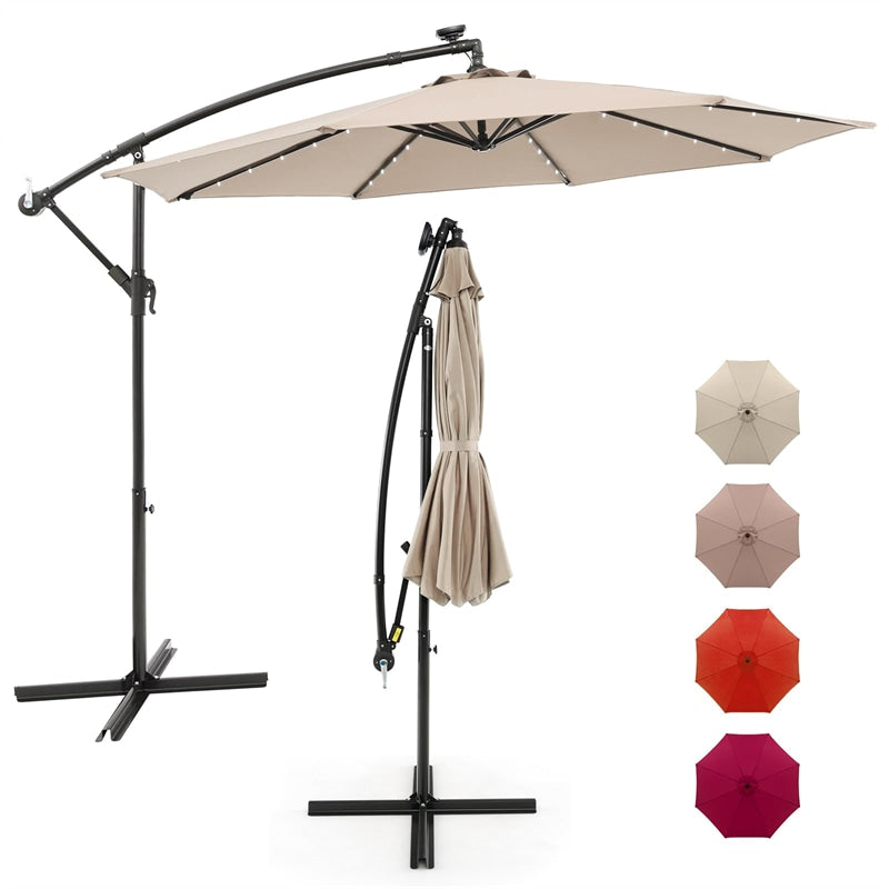 10 ft Patio Solar LED Offset Umbrella with 40 Lights and Cross Base-Beige